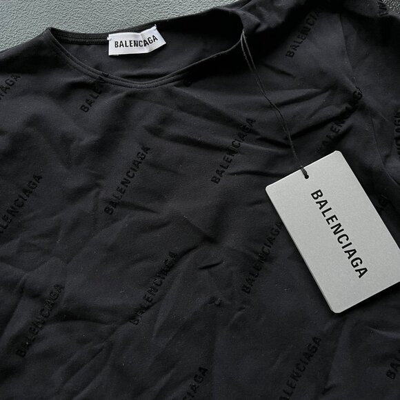 NWT Balenciaga Flock Top All Over Logo Black Long Sleeves Crewneck Fitted - Picture 4 of 6